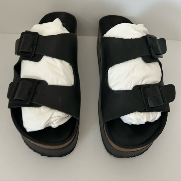 TOPSHOP Black Leather Fang Double Buckle Flatform Slip On Sandals Size 41 - Picture 2 of 8